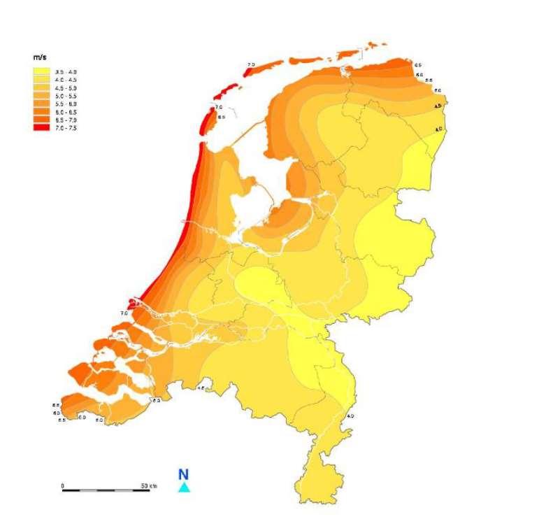 Bijlage 3 Windkaart Nederland 10 meter hoogte Met behulp van een windkaart is af te lezen wat de gemiddelde windsnelheid is op een bepaalde plaats in Nederland.