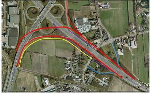 De A1 parallelbaan van A1 West naar Hoevelaken wordt éénbaans Verkeer weeft onder en voorbij het A28 viaduct met A28 Noord/A1 Oost verkeer (zie Note 1) De A1 parallelbaan splitst voorbij het viaduct