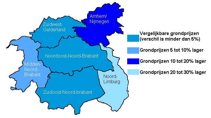 Figuur 4: grondprijzen COROP-regio Noordoost-Noord-Brabant (uitgifte 2010) Bron: IBIS (2011) Grondprijzen in Oss liggen op vergelijkbaar niveau als omliggende gemeenten De gemiddelde grondprijs in de