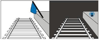 Het onderste, blauwe cijfer geldt voor treinen die de wissels langs het perron in de afbuigende stand berijden.