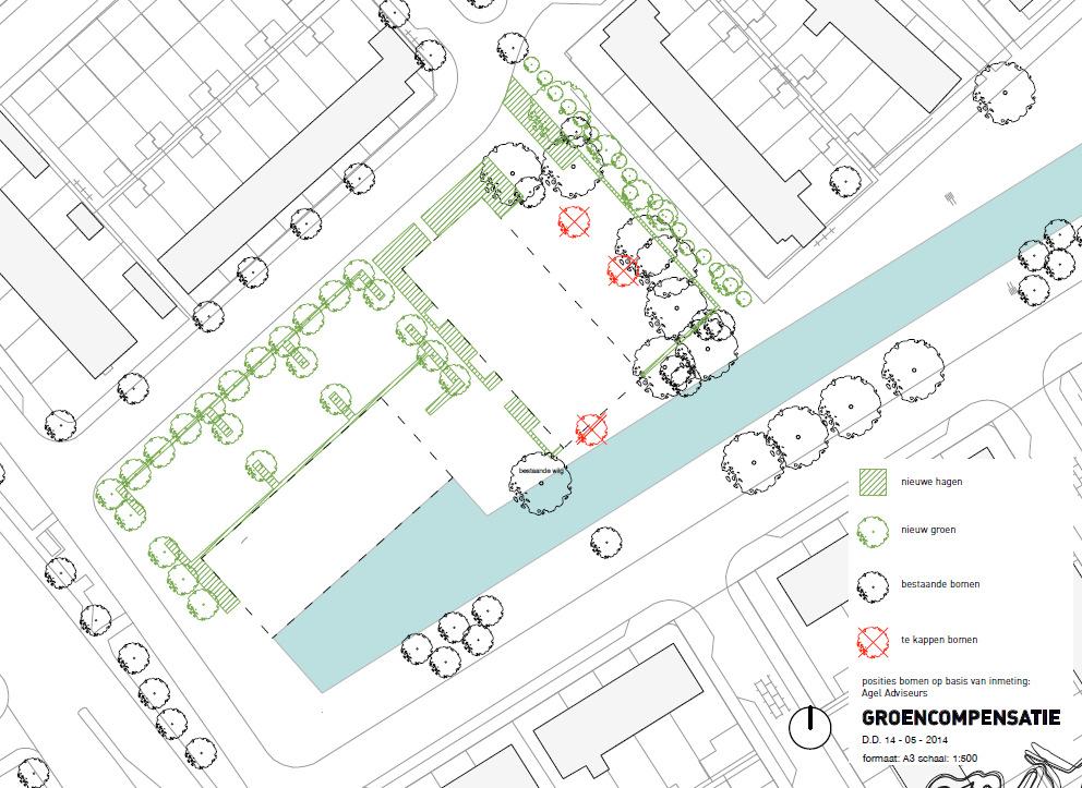 Figuur 2: Langs het water wordt een zwarte den gekapt ten behoeve van de nieuwbouw. Langs de Brittenstein verdwijnen 2 bomen ten behoeve van aan te leggen parkeerplaatsen. 2.3 Sierheesters en hagen Binnen het projectterrein bevinden zich op diverse plekken sierheesters en een haag.