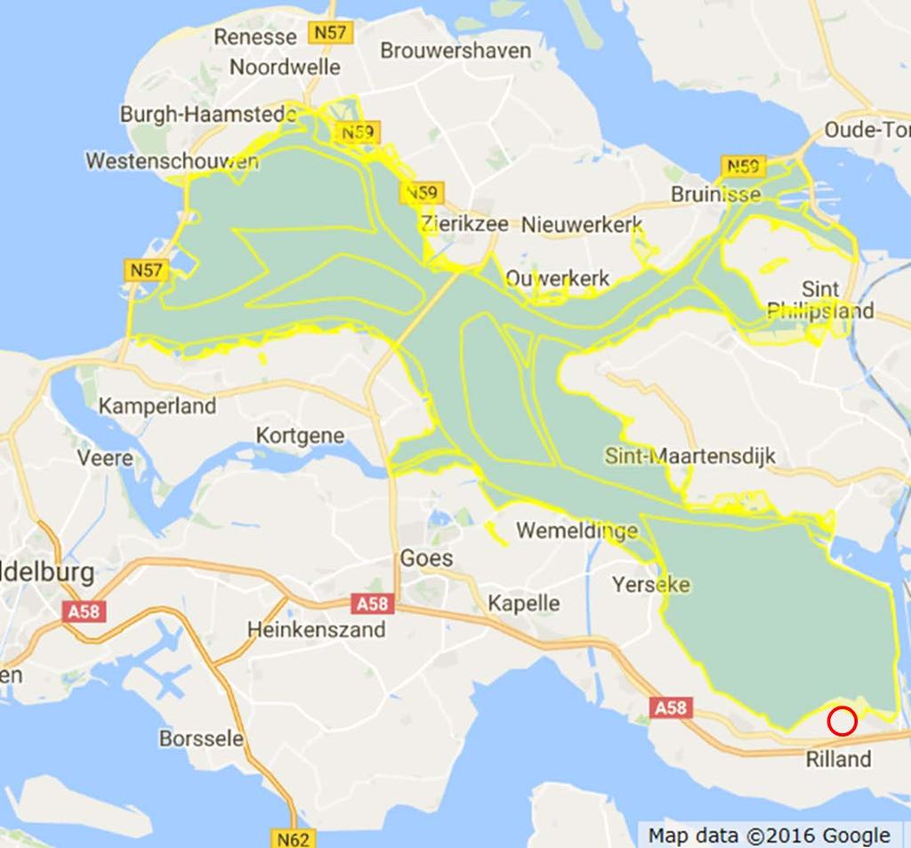Figuur 2. Situering van het glastuinbouwgebied (rode stip) ten opzichte van de Oosterschelde (in geel de begrenzing van het Natura 2000-gebied). 1.