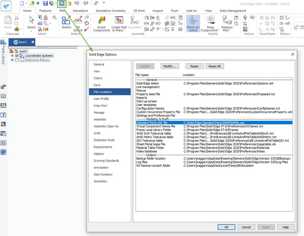 Stap 6 Herstellen van de File Locations Als je gebruik maakt van de Standard Parts en de bibliotheek hiervoor op een serverlocatie staat, moet in de Solid Edge Options de verwijzing naar de Standard