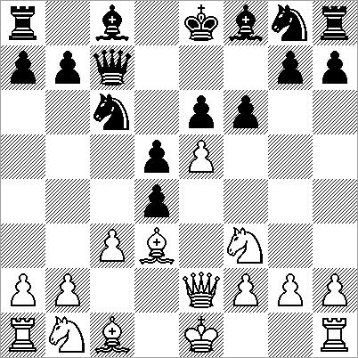 8.c3xd4?? [na 8.e5xf6 Pg8xf6 9.Lc1 g5 is er niet veel aan de hand] 8...Pc6xd4!! 9.Ld3-b5+?? Kost een stuk! [A-variant: 9.Pf3xd4 Dc7xc1+ 10.De2-d1 Lf8-b4+ 11.Ke1 e2 (11.Pb1 c3 Dc1xb2 12.0 0 Lb4xc3 13.