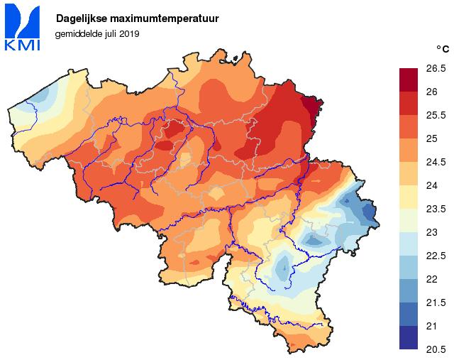 3. Klimatologisch overzicht voor België, juli 219 Geografische verdeling van