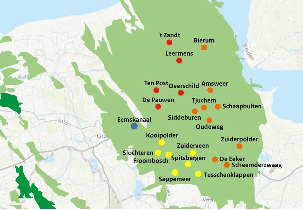 Figuur 3-1. Productie locaties in het Groningen-gasveld. Blauw = cluster Eemskanaal. Geel = clusters zuidwest, oranje = clusters oost en rood = clusters Loppersum, Tabel 3-2.