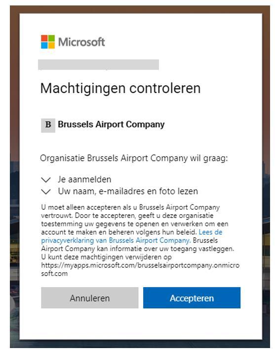 STAP 2 Kiezen tussen authenticatie-app, sms of telefoonoproep. Vervolgens kan je de machtigingen, en, indien gewenst, de Brussels Airport Company Privacy-verklaring nalezen.