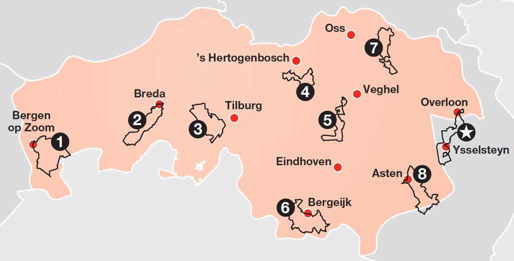 Op onderstaande kaart zie je waar de Liberation routes liggen. 1. Bergen op Zoom De bezoeker fietst o.a. langs Canadese en Britse begraafplaatsen, en het dilemma doolhof 2. Breda De bezoeker fietst o.