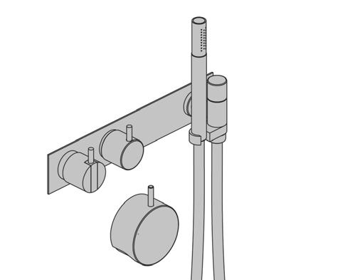 Monoknop inbouw badmengkranen 2441DT8-081 Monoknop inbouw badmengkraan met 2-weg omstel, naar draaibare baduitloop 200 mm met omstel, handdouche met houder en hoofddouche, wandmontage.