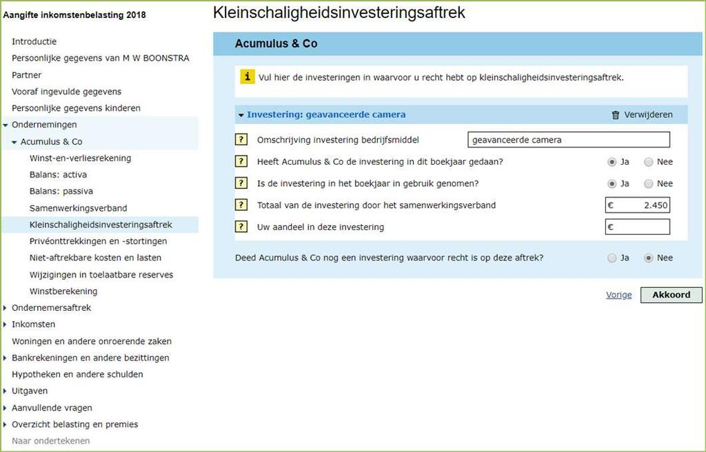 ! Let op: dit scherm is alleen voor uitleg bij VOF (samenwerkingsverband) Kijk naar bijlage 2 van de Jaarrekening 2018: kleinschaligheidsinvesteringsaftrek.