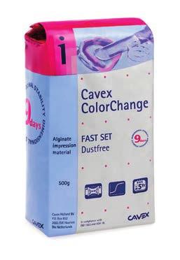 AFDRUK MATERIALEN Cavex ColorChange Kleurveranderend alginaat, met een dimensionele stabiliteit van 9 dagen! De nieuwe generatie van Cavex alginaat, met uitstekende producteigenschappen.