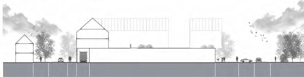 Oriëntatie van de voorgevels op het verblijfsplein, de Nieuwstraat, het parkeerplein en de route naar het park De schaal van de supermarkt wordt in de uitstraling naar buiten verkleind tot een dorpse