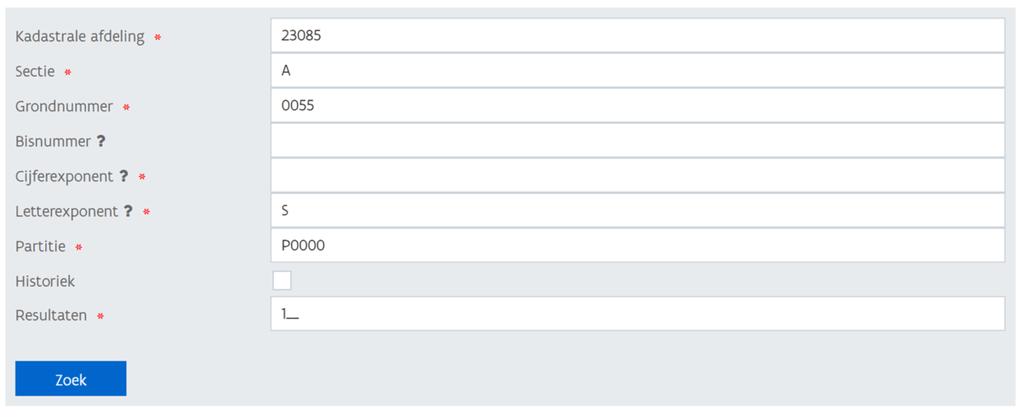 Informatie Vlaanderen /// Voorbeeld van het zoekscherm met de verplichte velden ingevuld (geen cijferexponent beschikbaar): De verplichte velden zijn aangeduid met * Een zoekopdracht kan verder