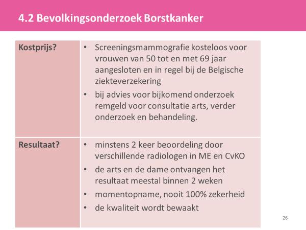 Dia 26: Het Vlaams Bevolkingsonderzoek Borstkanker Een screeningsmammografie is gratis wanneer je aangesloten en in regel bent bij een Belgisch ziekenfonds, dit wil zeggen dat je je bijdrage hebt