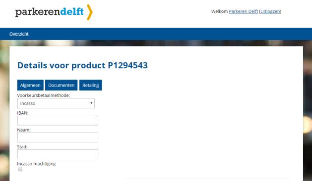 Klik op de naam van het product waarvoor u automatische incasso wilt instellen Klik bovenaan op de knop Betaling Vul het