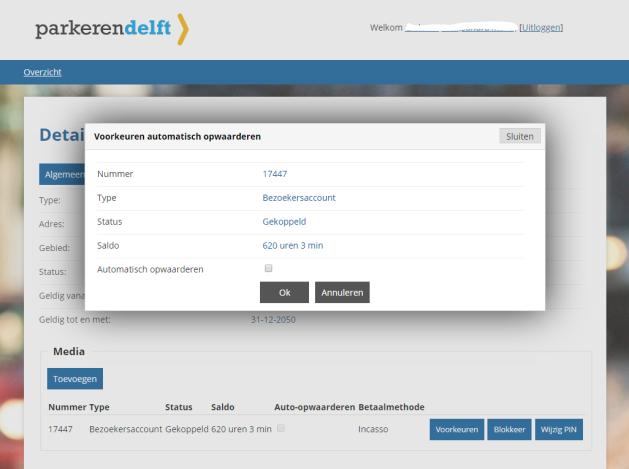 Vink Automatisch opwaarderen aan Klik op Ok U bent nu klaar met het instellen van de automatische incasso voor het opwaarderen van de uren bij de bezoekersvergunning.