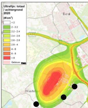 Focus: toxische emissies Dit is een indicatieve modelberekening door de gemeente Eindhoven van ultrafijnstofconcentraties rond EhvA, in 2020, alleen civiel.
