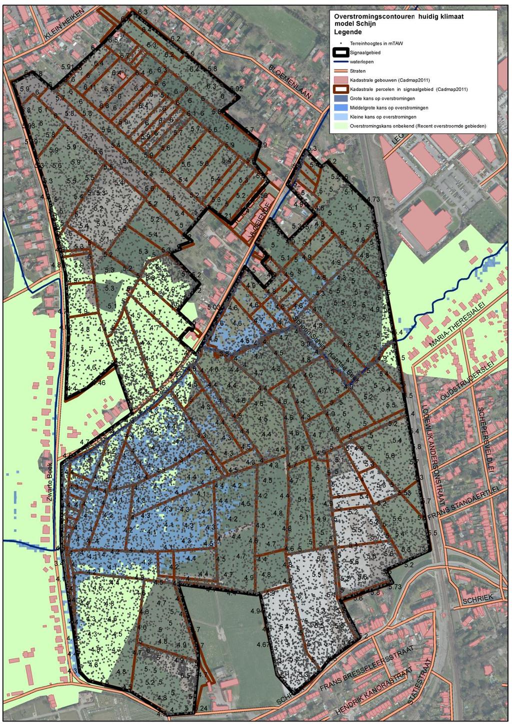 Handleiding kaart: De weergave van de kadastrale gebouwen (Cadmap 2011), kadastrale percelen (Cadmap 2011), straten en waterlopen geven een situering van het signaalgebied.