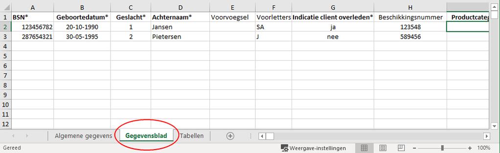 Stap 2.2 Tabblad Gegevensblad invullen: Klik op het tabblad Gegevensblad onderaan de Excel sheet: Volg de invulinstructies in de onderstaande tabel.