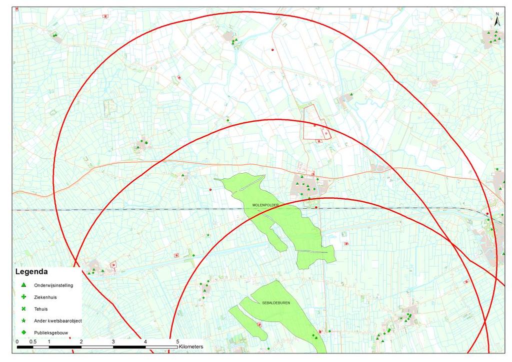 Figuur 4: Overzicht van de industriële inrichtingen (rode punt), ziekenhuizen (groene plus) onderwijsinstellingen (groene driehoek), tehuizen (groene x)