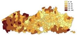Aandeel landbouwgrond per gemeente (Vlaanderen, 2002, in