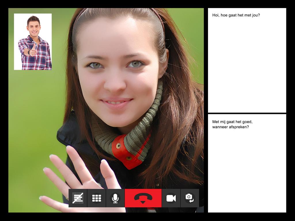 Hoe voer je een telefoongesprek? (1) In het videoscherm zie je de persoon met wie je belt. Je eigen videoafbeelding. De tekst van je gesprekspartner. Let op!