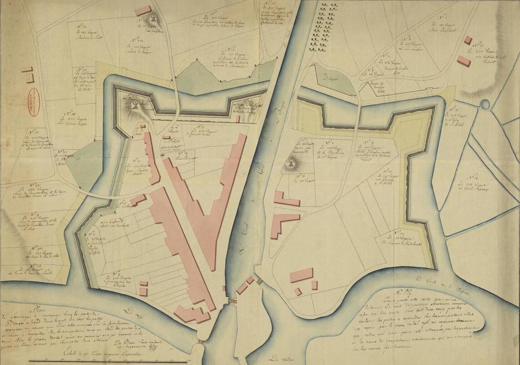 Hier op de Brugse poort ziet men nog geen enkele bebouwing van huizen. Al dit gebied was landbouwgrond 1781. Deze kaart is opgesteld in het Frans.
