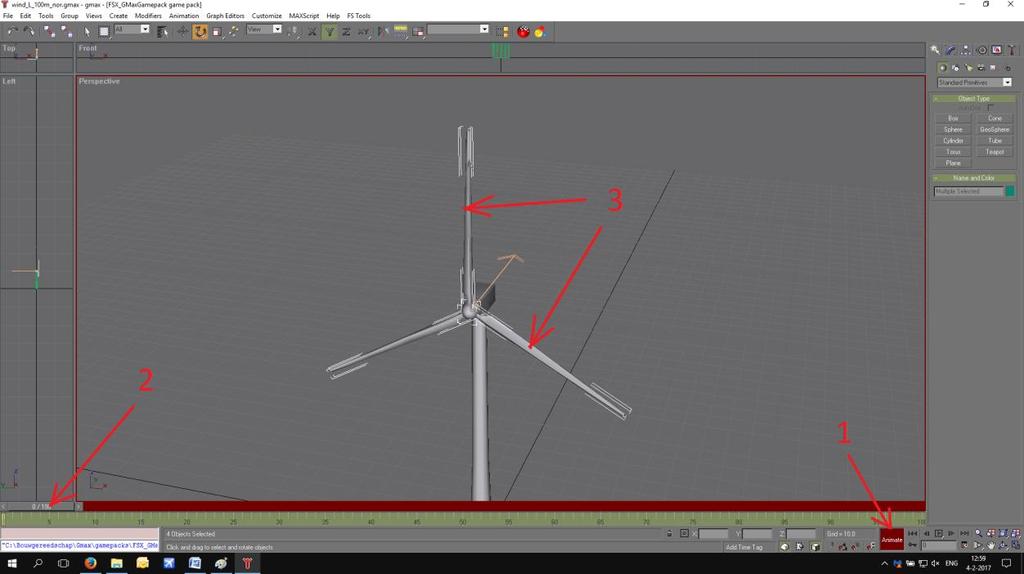 -zet de slider op frame 0 (2). -Klik in Gmax op de knop Animate (1, in het plaatje hieronder). -selecteer met CTRL-klik alle onderdelen die moeten gaan draaien (3).