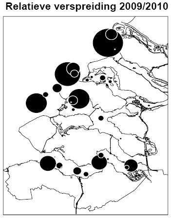 Figuur 4.1: Verspreiding Noordse Woelmuis in Zeeland (Bekker et al., 2010) en globale ligging dijktraject (rode cirkel). Figuur 4.
