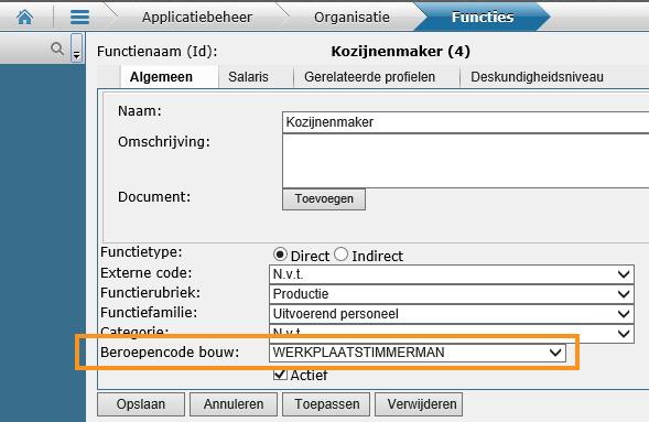 Onderhoud functie Kies bij elke functie in het veld Beroepencode Bouw de juiste waarde van de beroepencode en sla de gegevens op.