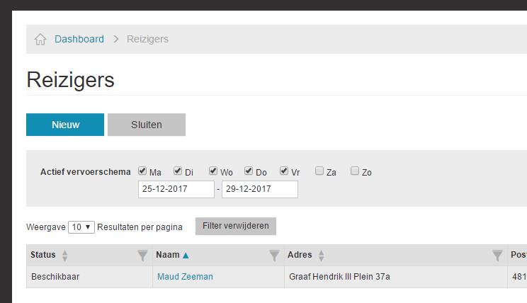 2 Aanpassingen m.b.t. vervoersschema s Extra filter reiziger overzicht pagina Op de reiziger overzicht pagina is het nu mogelijk om te filteren op basis van vervoersschema s.