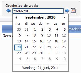 Door op de datumknop (naast het datumvak) te klikken of door een dubbelklik in het datumvak verschijnt de maand waarin de geselecteerde week valt.