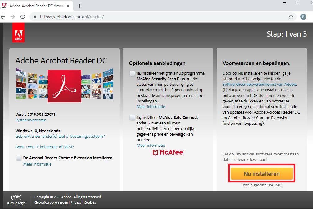 Installatie Adobe Acrobat Reader Om Adobe Reader te installeren kun je de volgende stappen nemen; Surf naar https://get.adobe.