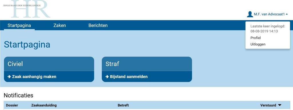 De startpagina geeft een overzicht van notificaties, d.w.z. alle wijzigingen in de dossiers van de ingelogde portaalgebruiker.