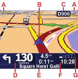 4. Rijweergave Rijweergave A Knoppen om in en uit te zoomen op uw positie aan. B Uw huidige GPS-positie. C De naam van de volgende hoofdweg of verkeersbordgegevens, indien van toepassing.