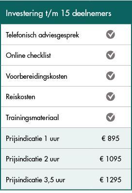 Prijzen De uiteindelijke investering is afhankelijk van groepsgrootte en duur van de workshop. De genoemde prijzen zijn exclusief 21% btw.