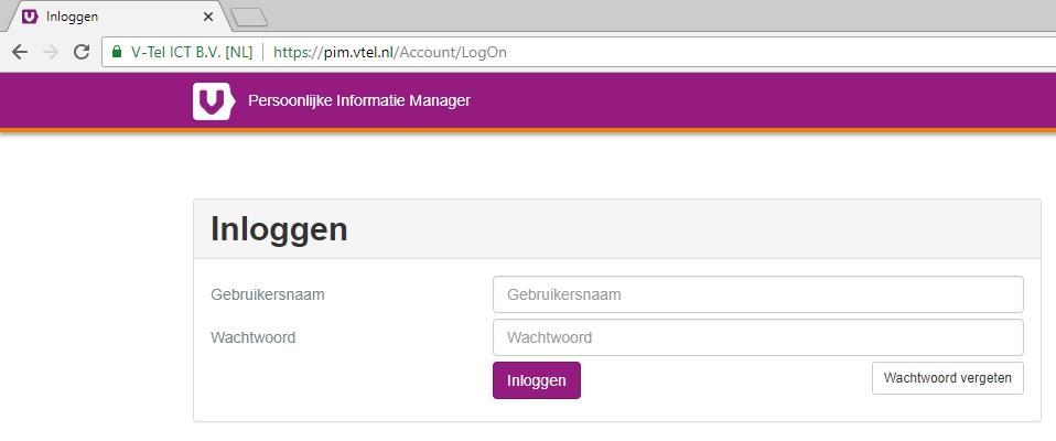 1. Inloggen Om gebruik te kunnen maken van Call back, dient u eerst in te loggen in uw persoonlijke dashboard, PIM (Persoonlijke Informatie Manager, klantportaal Vtel).