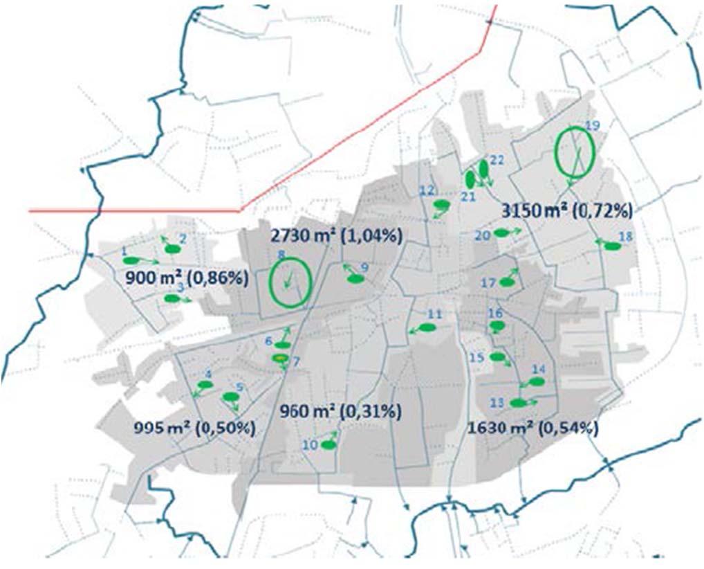Duurzaam stedelijk waterbeheer: Bronmaatregelen Gevalstudie Stad Turnhout: 22 groene zones als regenwaterberging en infiltratie (totaal 10365