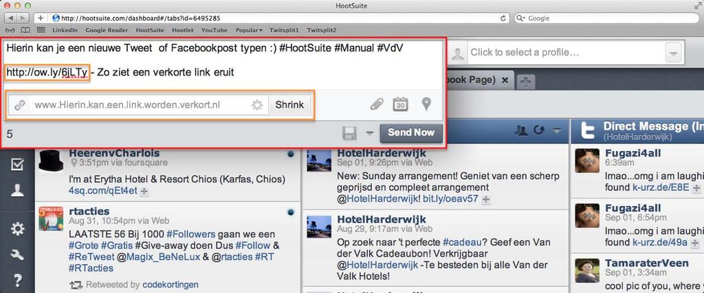 Berichten posten Het maken van een tweet of Facebook post is in HootSuite erg simpel. Bovenaan het dashboard van HootSuite zit een witte balk. Deze bevat de tekst Compose message.