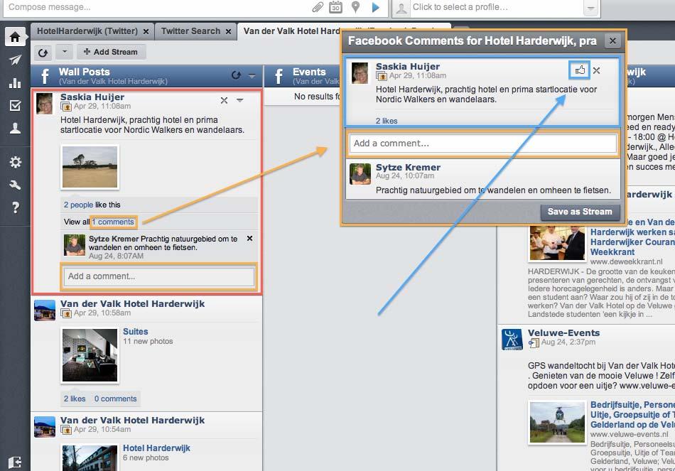 Reageren Facebook Reageren werkt met de Facebook Tab iets anders dan met Twitter. Reageren (oranje): Klik op het berichtveld met de tekst Add a comment of klik op de blauwe link comments.