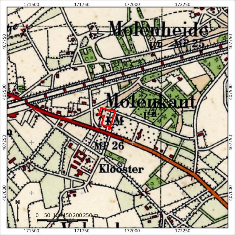 Figuur 4. Het plangebied (rood omlijnd) op een topografische kaart uit 1920. Bron: topotijdreis.nl.