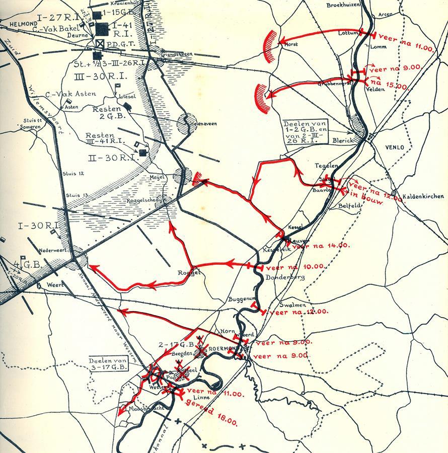 Kaart opmars Duitse leger 10 mei 1940 Langs de weg Venlo Meijel naderde echter een veel sterker Duits verband in de late middag van 10 mei.