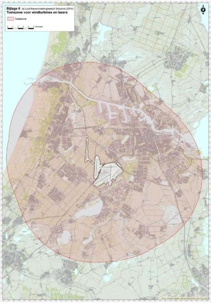 Figuur 2-3: De Outer Horizontal Surface rondom Schiphol geeft een toetsingsvlak voor windturbines aan. (Bron: Luchthavenindelingsbesluit Schiphol 10 ) 2.