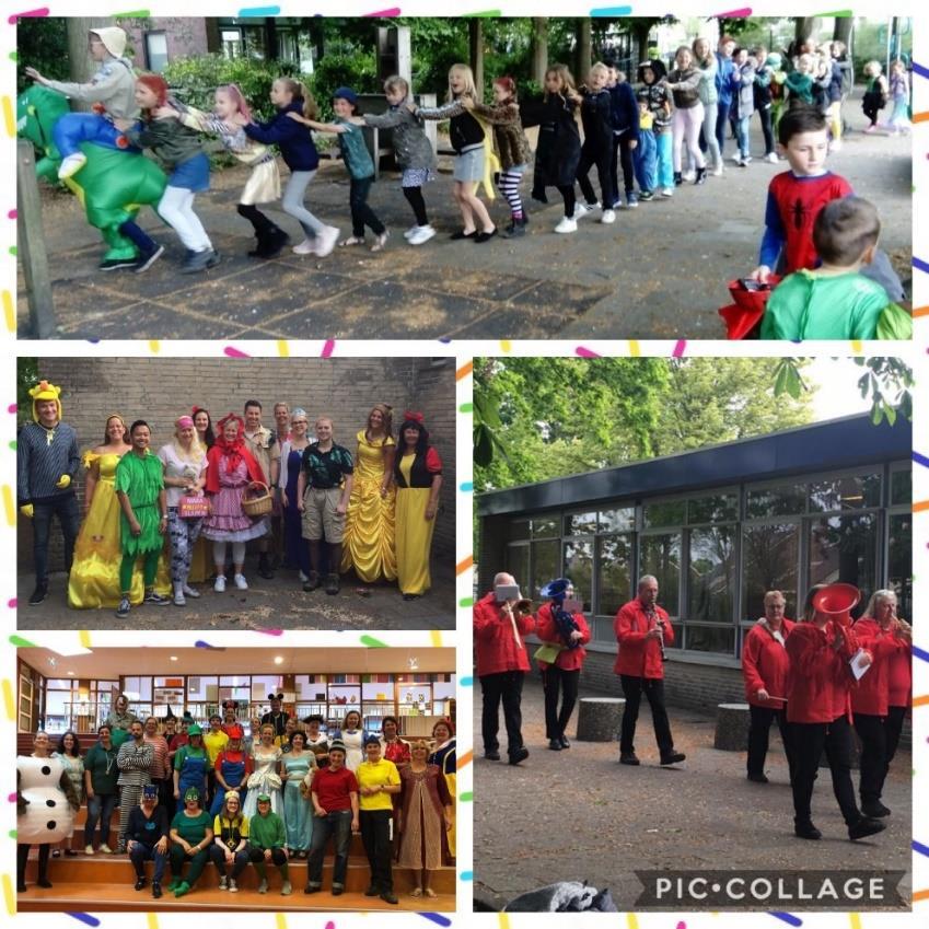 Wat waren er veel TV sterren op onze school aanwezig deze dag. s Ochtends vroeg werden wij ook nog verrast door een heus dweilorkest om de feeststemming er meteen goed in te krijgen.