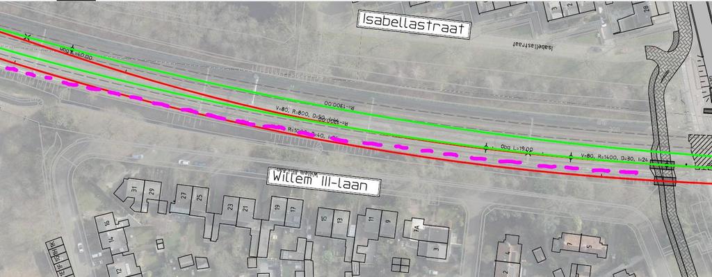 Ligging sporen Willem III-Laan/Isabellastraat in bouwfase Rode lijn = ligging tijdelijke spoor volgens huidige Ontwerptracébesluit 7 (OTB)