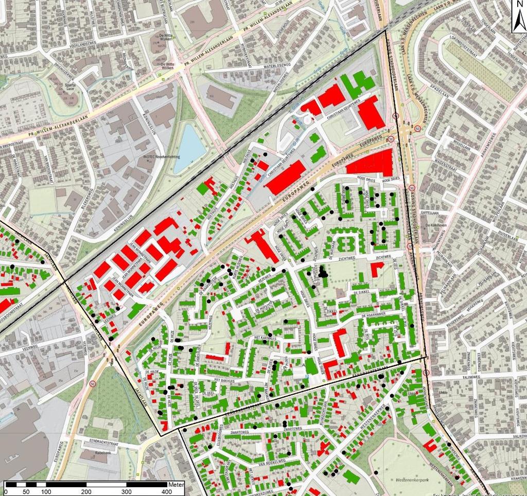 Voorbeeld wijk met hoge potentie Deelgebied 21 De Heeze (50 ha) Rode panden (lage potentie) zijn loodsen en kantoren; groene panden oudere rijwoningen en
