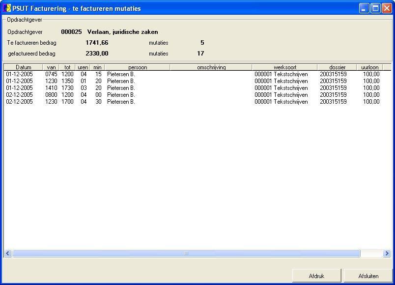 14 Handleiding PSU Tijdschrijven (Server) Facturering versie 1.00 15 december 2005 2.7 Informatie te factureren mutaties Het scherm te factureren mutaties, op te vragen door in het hoofdscherm (zie 2.