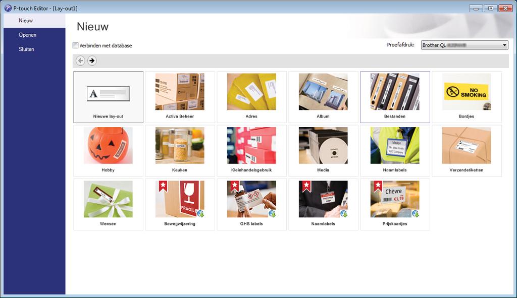 P-touch Editor gebruiken 3 Selecteer een van de volgende weergegeven opties: 4 3 1 2 6 1 Dubbelklik op [Nieuwe lay-out], of klik op [Nieuwe lay-out] en klik vervolgens op [ ] om een nieuwe lay-out te