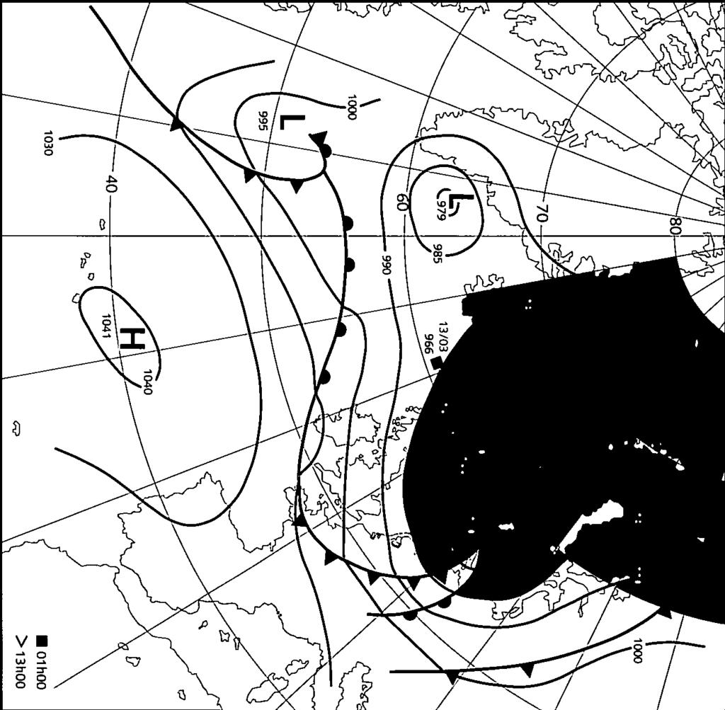 Het bijbehorende koufront bereikt omstreeks 6h de Nederlandse westkust, waarop de wind toeneemt tot zuidwest 8 Bft.