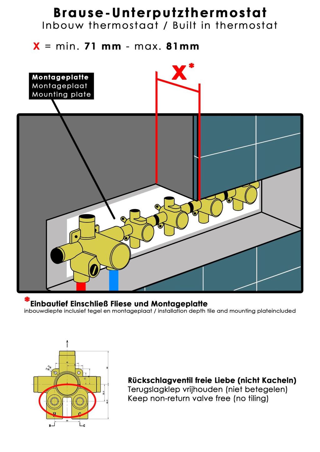 Inbouwdiepte kraan is minimaal 71mm, inclusief tegel, verstelbaarheid tot maximaal 81mm, inclusief